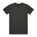 A plain dark grey t-shirt featuring a round neckline and short sleeves, with a logo on the label.