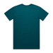 A teal T-shirt with a plain back, featuring a logo at the neckline.