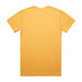 A plain yellow t-shirt with a standard crew neckline and short sleeves, featuring a logo on the back.