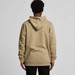 A beige hoodie with a front kangaroo pocket and a hood, featuring a logo on the back.