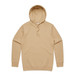 A beige hoodie featuring a front pocket and a drawstring hood. It has a branded logo on it.