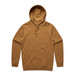 A brown hoodie with a front pocket and an adjustable hood, featuring a logo.