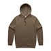 A brown hoodie featuring a front pocket and a drawstring hood. It has a branding logo.