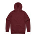 A burgundy hoodie featuring a hood and long sleeves, displaying a plain back view. It has a branding logo.