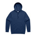 A navy blue hoodie with a front pocket and a hood, featuring a logo on the inside label.
