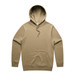 A tan hoodie featuring a kangaroo pocket and an adjustable drawstring hood, with a logo present.