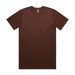 A brown classic tee shirt with a crew neckline and short sleeves, featuring a logo on the label.