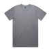 A plain grey t-shirt with a round neckline and short sleeves, featuring a logo at the neck.