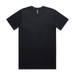 A black classic t-shirt with a round neckline, featuring a label and a minimalist design.