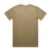 A plain beige T-shirt with a crew neckline and short sleeves, featuring a logo on the back.