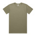 A plain olive green T-shirt with short sleeves and a crew neckline, featuring a label and no visible branding.