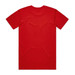 A red T-shirt with a plain back, featuring a logo at the neckline.
