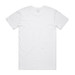 A plain white T-shirt with a round neckline and short sleeves, featuring a logo on the back.