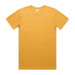 A plain yellow t-shirt displayed flat with short sleeves and a crew neckline, featuring a brand label.