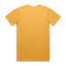 A plain yellow t-shirt with a round neck and short sleeves, featuring a logo on the back.