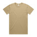 A plain beige T-shirt with a round neckline and short sleeves, featuring a logo.