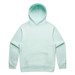A mint green hoodie featuring a front pocket and a hood. The item has a simple design and includes branding.