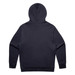 A navy blue hoodie featuring a large hood and long sleeves, with a plain back and logo.