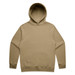 A beige hoodie with a front pocket and a drawstring hood, featuring a logo on the front.