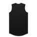 A black sleeveless tank top with a curved hem and a logo on the back.