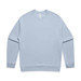 A light blue sweater featuring a round neckline and long sleeves, with a small logo on the label.