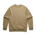 A beige sweater with a rounded neckline and long sleeves. The sweater has a logo on it.