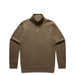 A khaki sweater featuring a half zip design, with long sleeves and a ribbed neckline. It has a logo.
