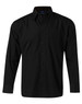 A black long sleeve button-up business shirt with a pocket and branding on the label.