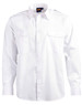 A white long sleeve button-up shirt featuring two chest pockets and a logo.