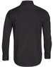A black long sleeve button-up shirt with a smooth finish and a simple design. Features branding on the label.