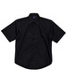 A black short sleeve button-up shirt featuring a pocket and a branded label.