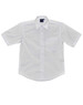 A white short sleeve button-up shirt with a chest pocket and a collar. It features a logo on the tag.
