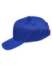 A blue polycotton twill cap featuring a straight peak and an adjustable strap at the back. It has a logo.