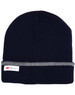 A Thinsulated cuff beanie in navy blue with a reflective band and a branded label.