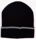 A black beanie with a silver cuff detail and a logo. The beanie features a smooth knit texture.