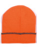 An orange beanie with a grey band at the bottom, featuring a logo on the side.