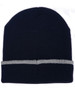 A navy beanie with a grey cuff and a logo on the front.