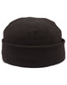 A black polar fleece beanie featuring a rounded top and a folded cuff, with a logo on the side.
