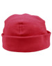 A red polar fleece beanie with a folded cuff and a plain design, featuring a logo.
