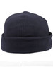 A dark navy polar fleece beanie with a rolled cuff and stitching details, featuring a logo.
