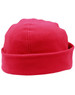 A red polar fleece beanie with a cuffed edge, featuring a logo on the side.