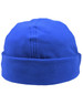 A blue polar fleece beanie with a simple, rounded design and a folded cuff. It features a logo on the side.