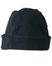A black polar fleece beanie with a rolled brim and a simple design, featuring a logo.