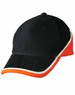 A cap featuring a black body with contrasting orange and white details. Includes a logo.