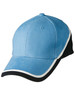 A blue and black cap with white trim and a logo on the front.