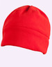 A red beanie with a soft, textured fabric and a fold-over band. It has branding on it.