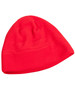 A red fleece beanie with a snug fit and a simple design. It features a branding logo.