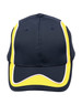 A navy cap with yellow and white accents, featuring a logo on the front.