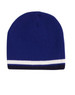A beanie featuring a dark blue body with contrasting white and navy stripes at the bottom. It has a logo.