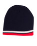 A navy beanie with contrasting white and red stripes at the bottom and a logo on the side.